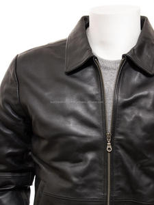 Blouson aviateur en cuir de vachette noir, résistant à l'eau, respirant, avec poche latérale, uni, pour homme, avec doublure. - Product Image 4