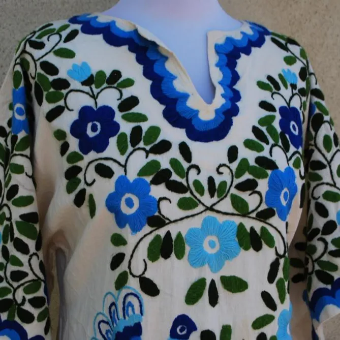 Váy Kaftan Tay Rộng Có Khóa Kéo Cho Nữ, Váy Dài Thời Trang Đi Biển Có Thêu Tay Màu Xanh Dương Tươi Sáng Phong Cách Ấn Tượng