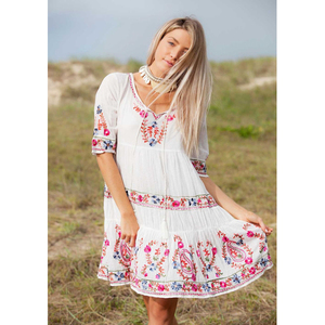 chinese dress ladies Beige Western Pattern Print Tasseled Notch V Neck Mini Dress Beige / L / 100%Polyester main image 1