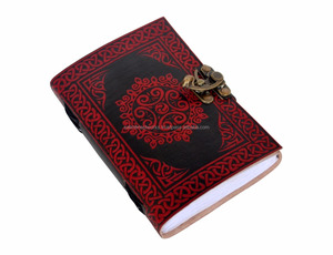Hecho a mano Vintage cuero genuino rojo y negro Color diseños Bazar hecho a mano diario Día de los muertos libro de notas diario en blanco con cerradura C - Product Image 4