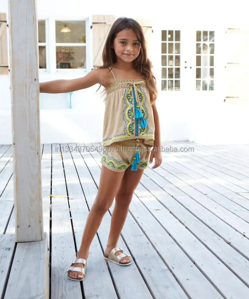 Mode Kinder Süße Kinder Sommer Brise Coole Rayon Bestickte Kleine Mädchen Bluse & Shorts Kleidung Set Mit Quaste Krawatte & Spitze