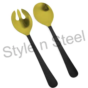 Çatal bıçak kaşık seti ve gıda güvenli sofra salata servis seti 2 adet paslanmaz çelik salata servisi siyah ve altın sunucu