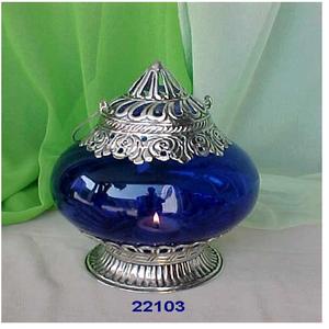 Bougeoir à photophore votif en verre bleu gaufré argenté - Product Image 1