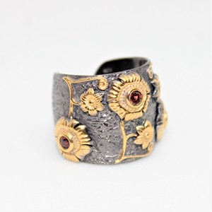 Nouvelle Arrivée 925 Sterling Silver Flower Ring Grenat Gemstone 18K Or Noir Rhodium Placage Lunette Réglage Vintage Style pour - Product Image 2