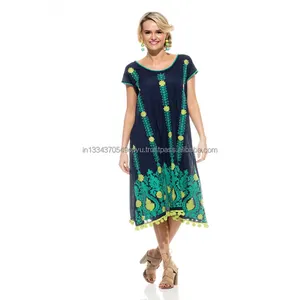 2019 High End Fashion Elegant Look Designer Beach Wear Bubble Sleeve Exclusive Aari Embroidered Cotton Peasant Tunic Midi Dress