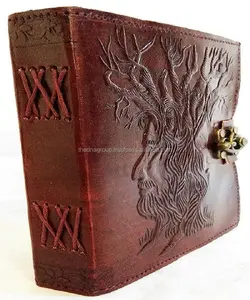 Antique véritable cuir arbre visage Journal Journal fait à la main couverture souple côté serrure fil couture Unique promotionnel cahiers cadeau - Product Image 1