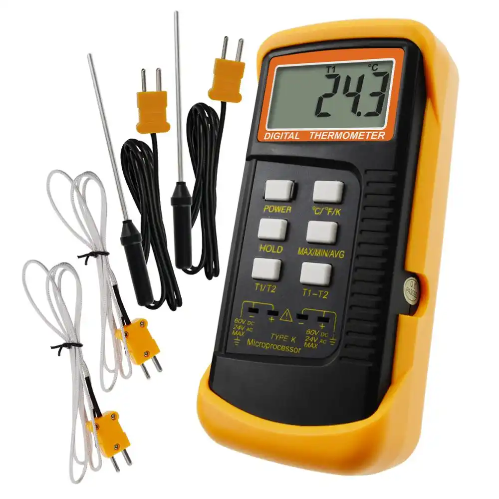 Termômetro digital tipo k, 2 canais,-50 ~ 1300degc (-58 ~ 2372degf) com 4 termocasais (fio e aço inoxidável), sensor de medidor duplo
