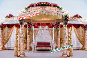 Oro Jali Mandap boda fibra oro tallado Mandaps conjunto venta tendencia indio hindú boda Mandap fabricante Australia - Product Image 2