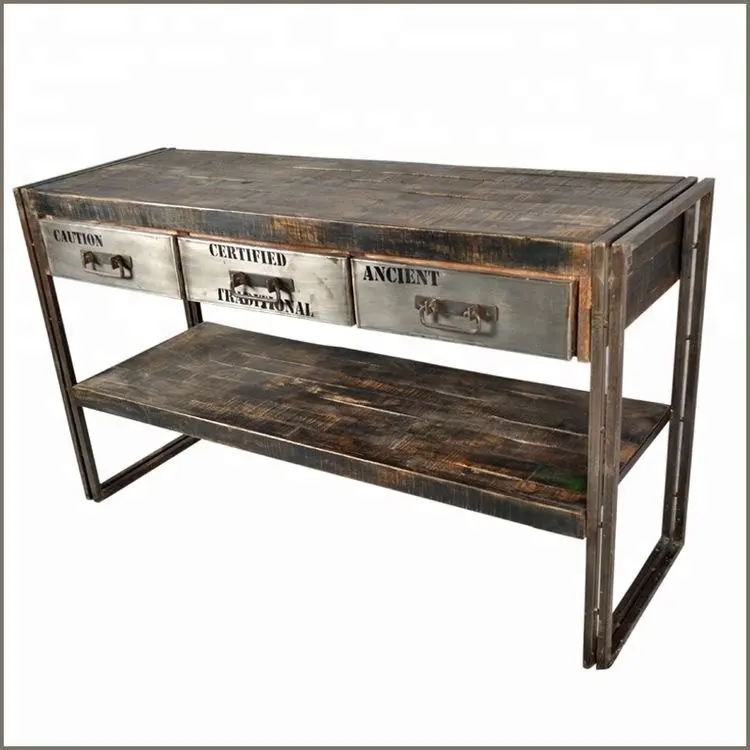 Mesa de consola industrial estilo europeo vintage, con cajones de hierro y tapa de madera