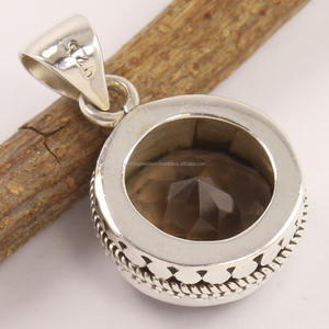 Cuarzo ahumado natural, piedra preciosa facetada redonda, Plata de Ley 925 sólida, ajuste de bisel bonito, colgante solitario encantador - Product Image 2