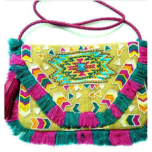 Bolso de Mano Étnico Estilo Bohemio Indio para Mujer con Cierre de Cremallera y Tapa, Decoración con Cuentas, Material de Lona, Multicolor - Product Image 1