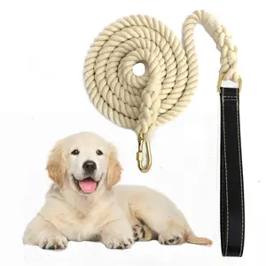 Cotton Rope Dog Leash Braided Rope Genuine Leather Collar And Leash Set High Quality Handmade Luxury Dog Products Ivory Beige