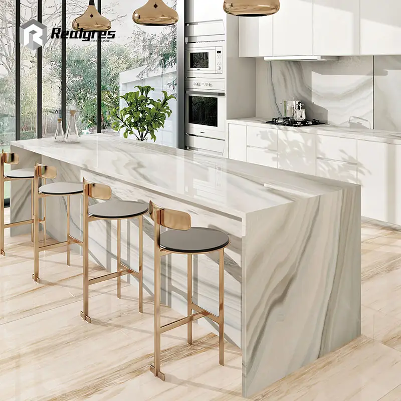 Mesa de comedor de mármol esmaltado blanco, encimeras de cocina de azulejos de porcelana