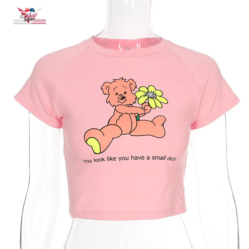 High Quality Cartoon Pink Top Short Sleeve Crop Top Summer Casual Cute Women T shirt Tee Shirt