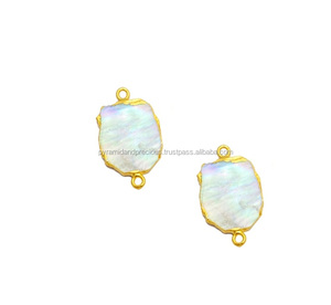Rainbow <b>Moonstone</b> Sterling Silver Gold Electroplated Gemstone Slice Party Connector-15-22mm Natural Shape - Product Image 1