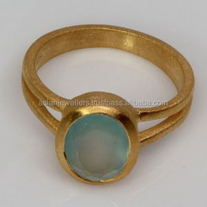 แหวนพลอยคาลซิโดนีน้ำ925เงินแท้ทำด้วยมือเครื่องประดับแฟชั่นชุบทองสวยงาม - Product Image 1