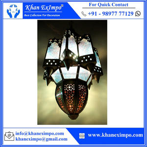 Lustre suspendu en laiton style marocain Antique, lustre coloré, en verre solide, chaîne en fer, européen et marocain - Product Image 4