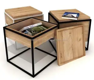 Sala de estar Mesa Lateral de Madeira Com Suporte De Metal | Dupla Utilização de Mesa Com Gaveta | Mesas De Café Preto Com Madeira top