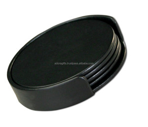 Ensemble de sous-verres ronds noirs en cuir véritable de haute qualité avec support de luxe pour tasse Durable PU Pad Sublimation Feature 4 Pack - Product Image 1