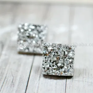 Druzy Earrings Metallic Glitter Faux Silver Glittering Square Silver Stainless Steel <b>Post</b> Studs earring - Product Image 1