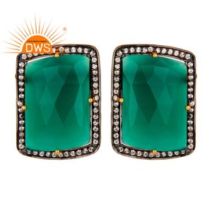 18k Gold Plated Women's Earrings Wholesaler of 925 Silver Jewelry Fancy Shape Green Onyx Prong <b>Set</b> Stud Earrings - Product Image 1
