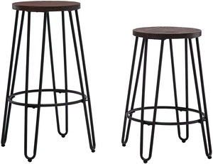 Tabouret de bar de style industriel avec pieds en fer noir et siège rond en bois massif pour cuisine, salle à manger, bar, café - Product Image 1