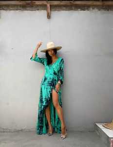 Vestido bohemio gitano de manga larga con cinturón a juego, Maxi escote en V, 2022 - Product Image 5