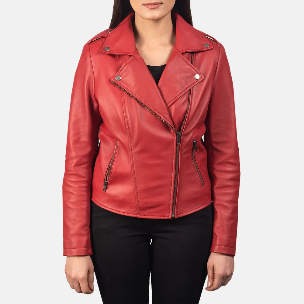 Blouson d'hiver en cuir véritable de vache pour femme, veste de moto avec poches, de couleur rouge,