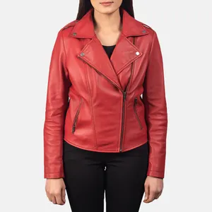 女款牛皮真款皮夹克女款冬装女款自行车红色抛光皮夹克外套，带口袋