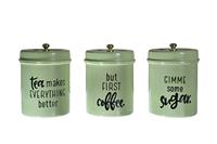 KSN — lot de 3 pots en verres verts pour le café, le thé et le sucre, avec motif imprimé pour aliments avec couvercle en bois