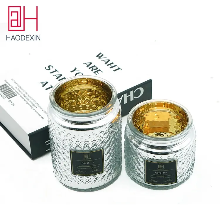 HAODEXIN 16oz 18oz embossed electroplated silver glass candle jar mercury storage glass jars with metal lids for candles filling