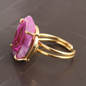 Colección de moda natural Rosa geoda druzy anillo latón 24K vermeil prong anillo de ajuste doble banda diseñador anillo apilable joyería - Product Image 3