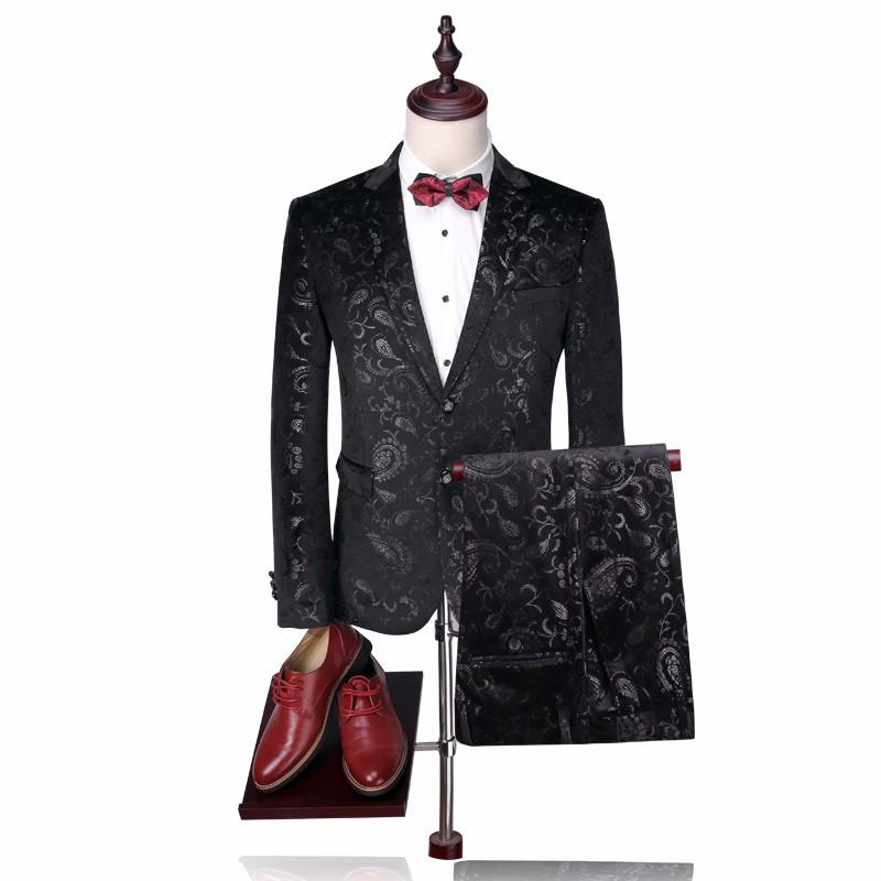 Velvet fabric tailor luxury floral print men tuxedo suit set wedding suits for men