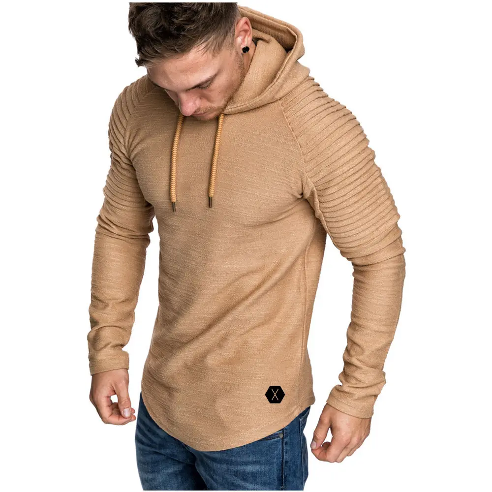 Men's Hoodie Solid Color Hooded Sweatshirt S-shirt Striped Pleated Raglan Sleeve Men Hoodie