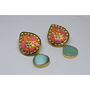 beautiful meenakari golden matte finishing partywear traditional 2025 latest brass stone stud hoop earing for girls and women - Product Image 2