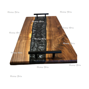 Plateau de service alimentaire de forme ronde au design unique Plateau de service en bois de taille personnalisée avec poignées en fer - Product Image 3