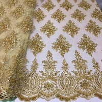 Tela de Encaje con Cuentas a Máquina de Color Dorado, Diseño de Moda de Lujo de Alta Gama, Bordado Intenso para Vestidos de Fiesta o de Novia