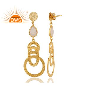Indien Plaqué Or À La Main Texture Boucles D'oreilles En Argent Bijoux Grossiste Arc-En-Ciel Pierre De Lune Boucles D'oreilles Bijoux Fournisseur - Product Image 3