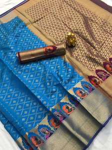 Saris en soie tissée à la main Banarasi - Derniers modèles de créateurs, taille unique, multicolores - Product Image 2