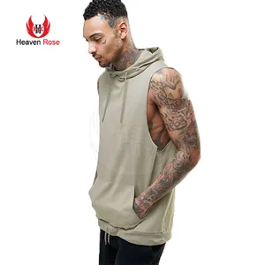 Herren 100% Baumwolle Hell Olivgrün Farbe Fleece Ärmellose Hoodies