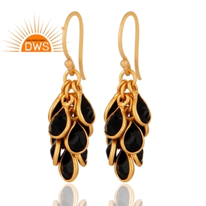 Boucles d'oreilles chandelier en argent sterling plaqué or 18 carats Boucles d'oreilles en pierres précieuses d'onyx noir Bijoux Collection classique en gros - Product Image 2