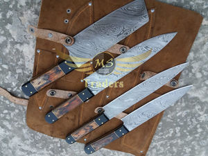 Ensemble de 5 couteaux de cuisine, manche en bois Pakka, emballage en cuir, couteau de chef, couteau à éplucher, ensemble de couteaux Damas - Product Image 3