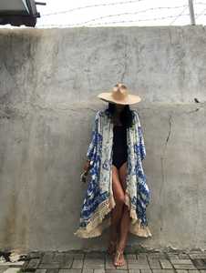 Chaqueta Kimono con Estampado Tradicional, Chaqueta Holgada Estilo Bohemio para Festivales, Kimono Largo para Mujer con Ribete de Encaje - Product Image 5