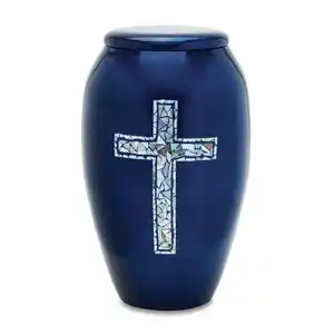 Modern Blue Adult Cremation Urns Metal Munar Religious Cross Design for Ashes Funeral Supplies Human Adult Urns at best Price