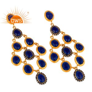 ชุบทอง925เงินออกแบบต่างหูโคมระย้าเพทายสีฟ้าคอรันดัมพลอยต่างหูผู้ค้าส่งเครื่องประดับ - Product Image 2