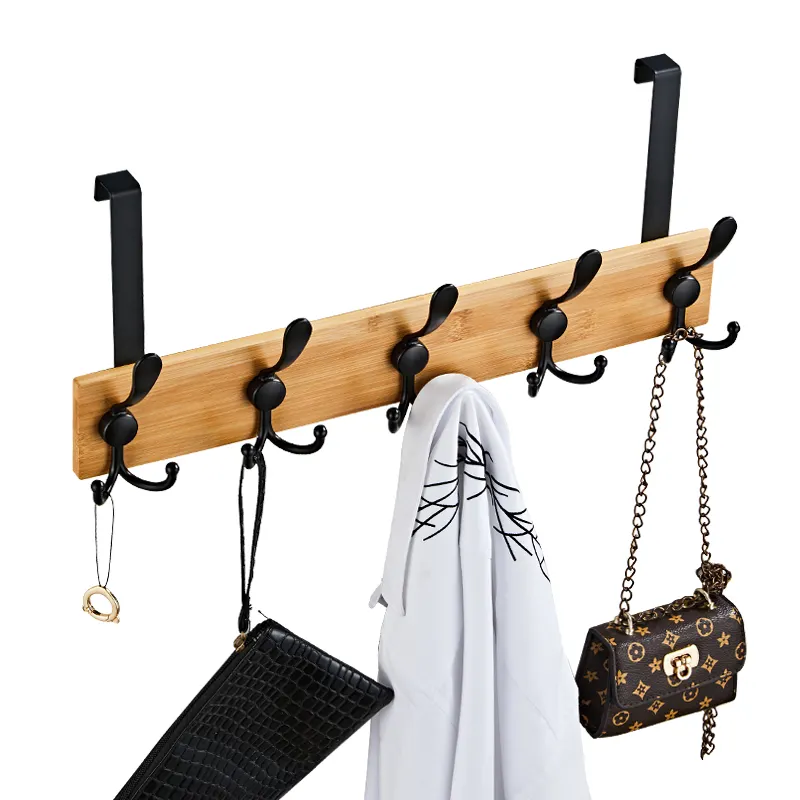 Hoge Kwaliteit Black Metal Bamboe Over De Deur Haak Jas Handdoekenrek Hanger Met 5 Badkamer 3M Haken