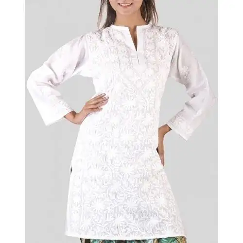 Ropa de verano de algodón de Lucknow chikan mano bordado largo Kurti- Plus tamaño blanco de algodón kurta-ropa de playa-túnica kurti