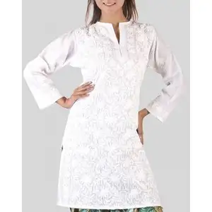 Летняя одежда из хлопка Лакхнау чикан с ручной вышивкой длинная куртка большого размера Женская белая хлопковая Курта пляжная одежда туника-Курта