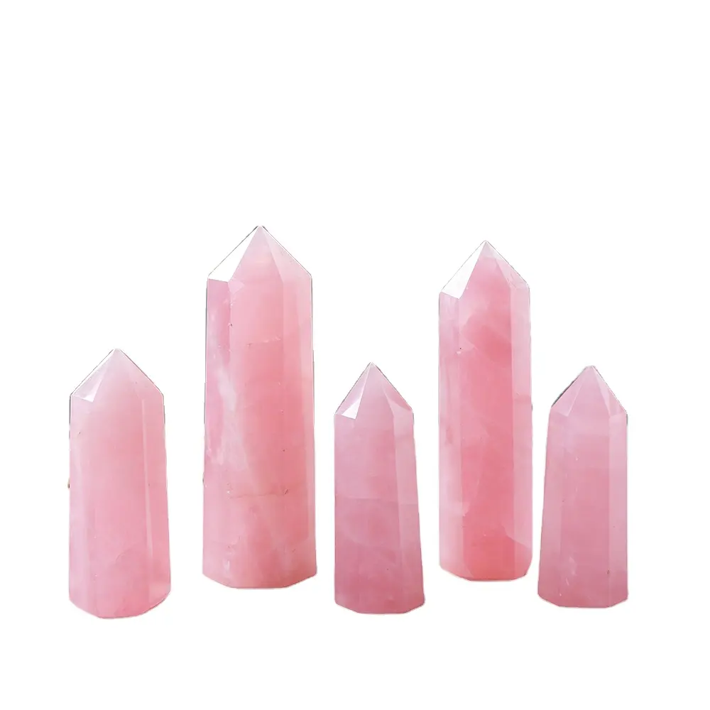 자연적인 분홍색 수정같은 점 로즈 석영 수정같은 6 각형 프리즘 장신구 마술 지팡이 치유 원석 수정같은 탑