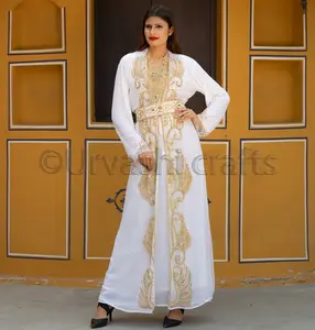 pure white long gown Moroccan muslim kaftan Russian fabulous style golden good quality crystal beaded dubai kaftan factory price
